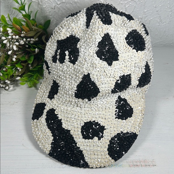 JC Sequin Black and White/ Cream Hat Elastic Back Cowhide or Dalmatian Pattern - Picture 12 of 14